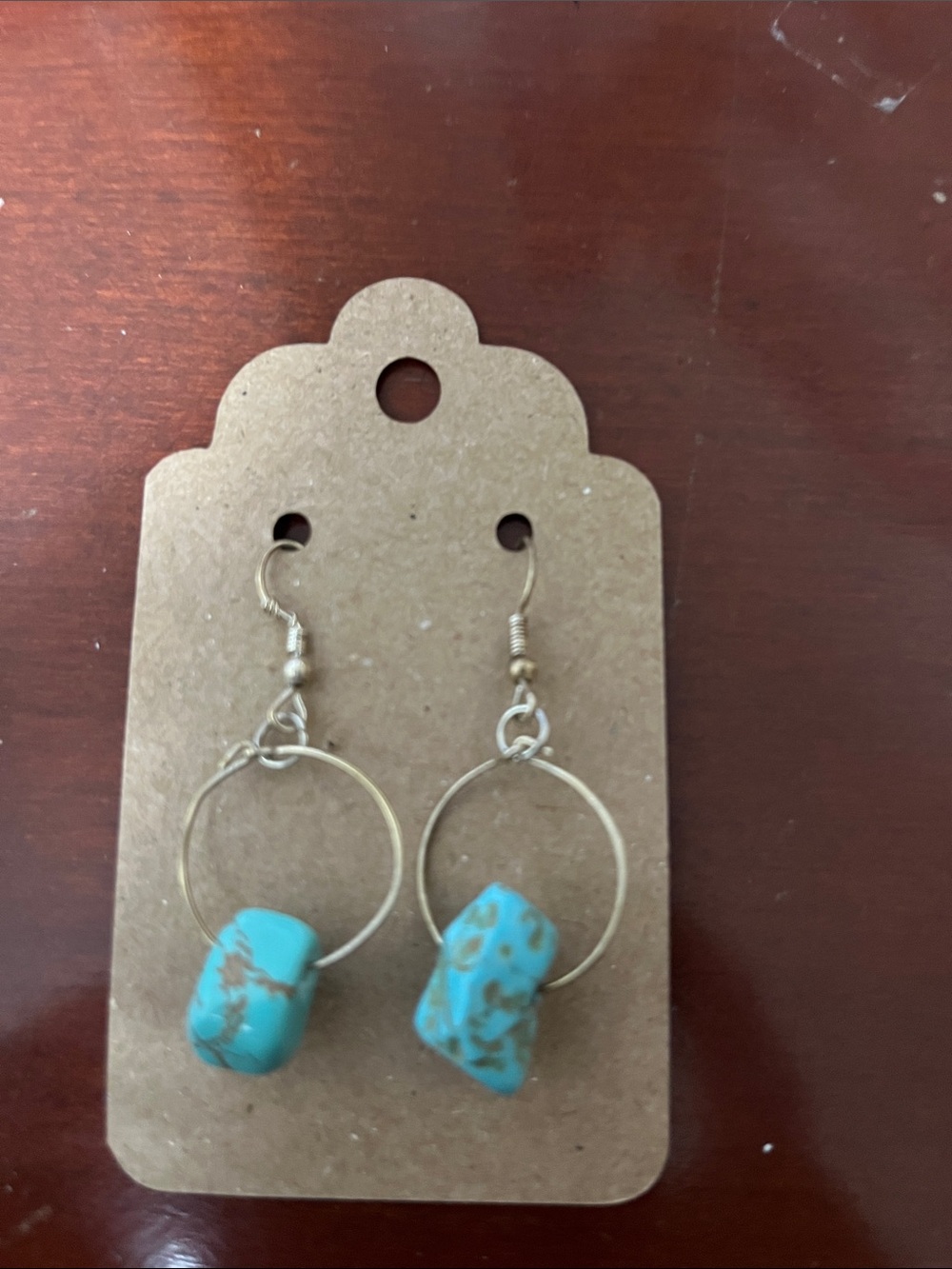 Turquoise Stone Hoop Drop Earrings - Gold Tone